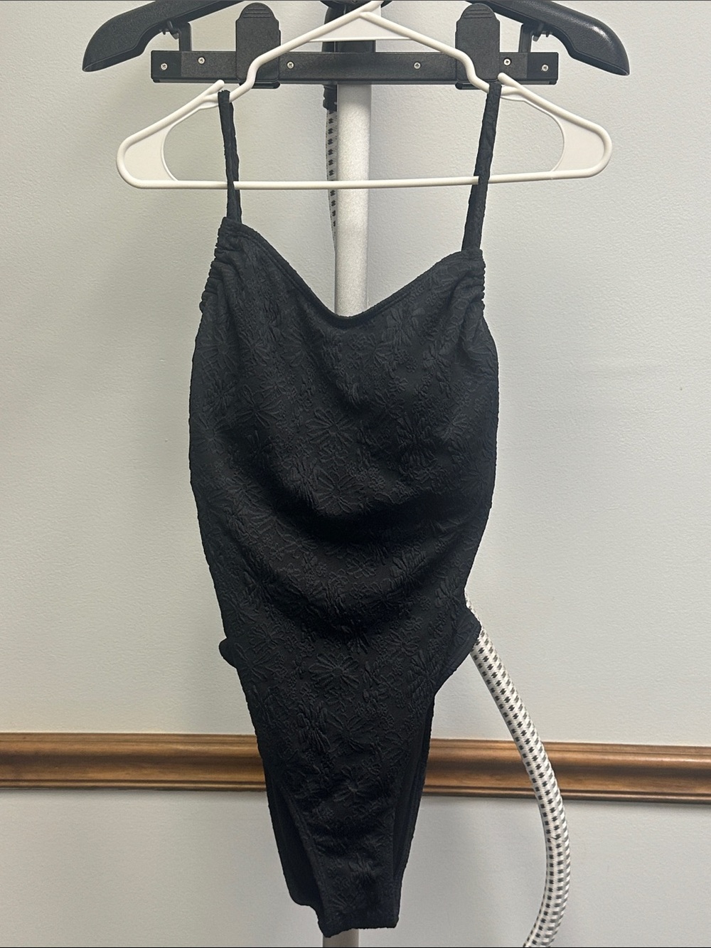 Black Floral Textured Tie Back Swim